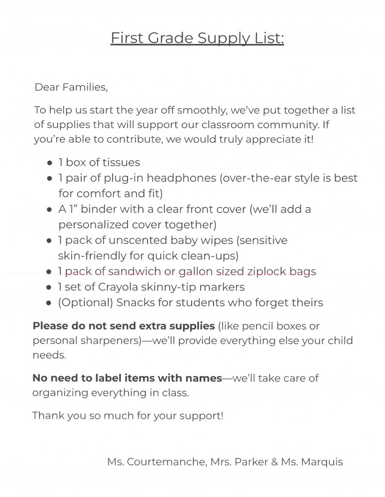 1st Grade Supply List 