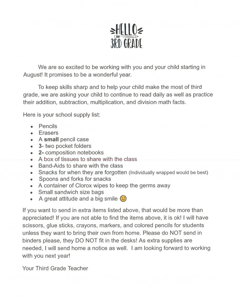 3rd Grade Supply List 
