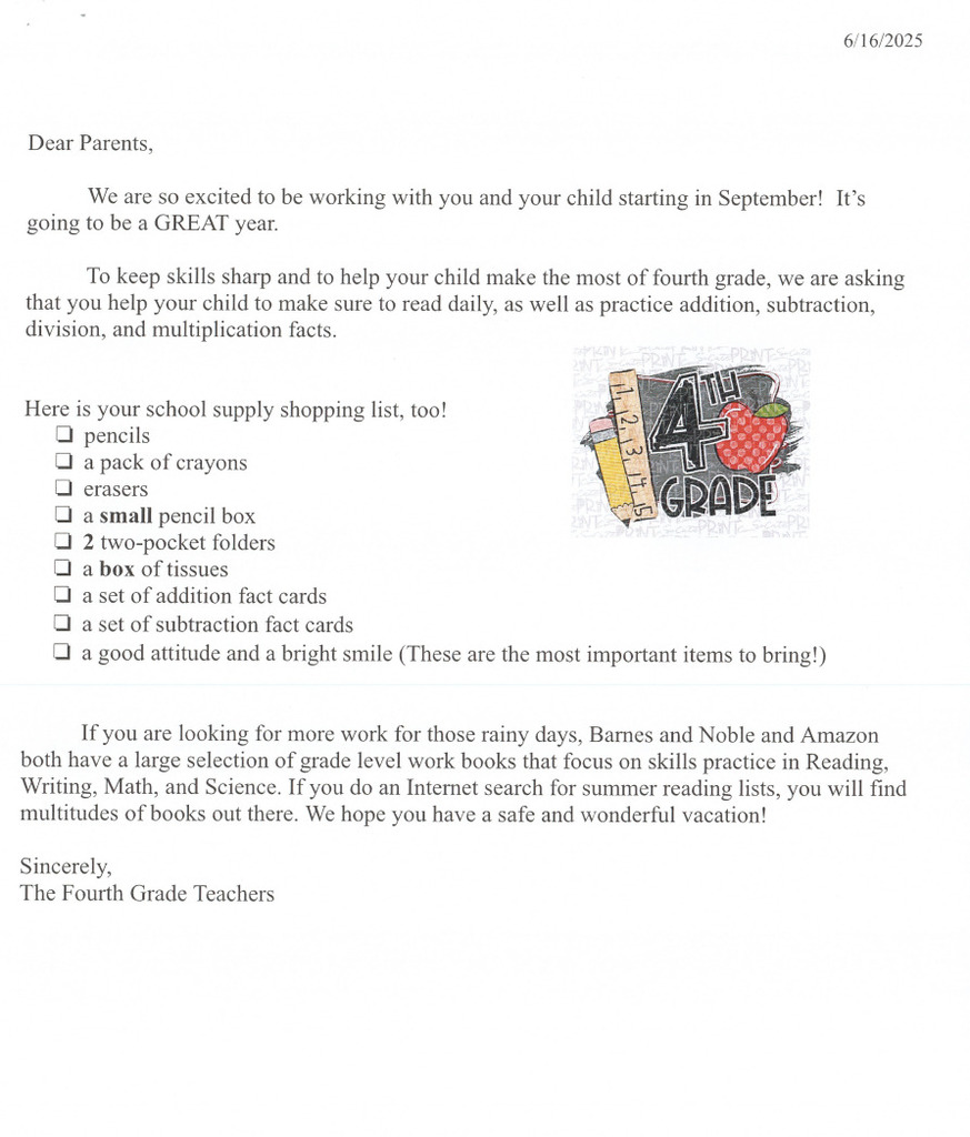 4th Grade Supply List 
