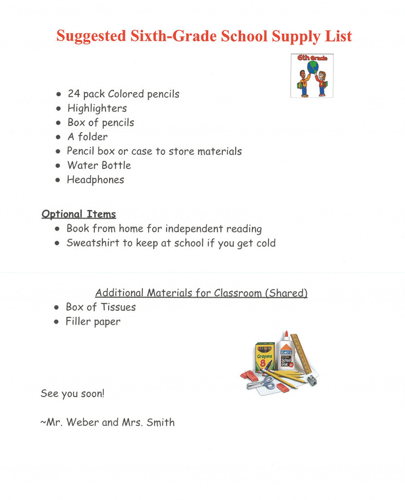 6th Grade Supply List 