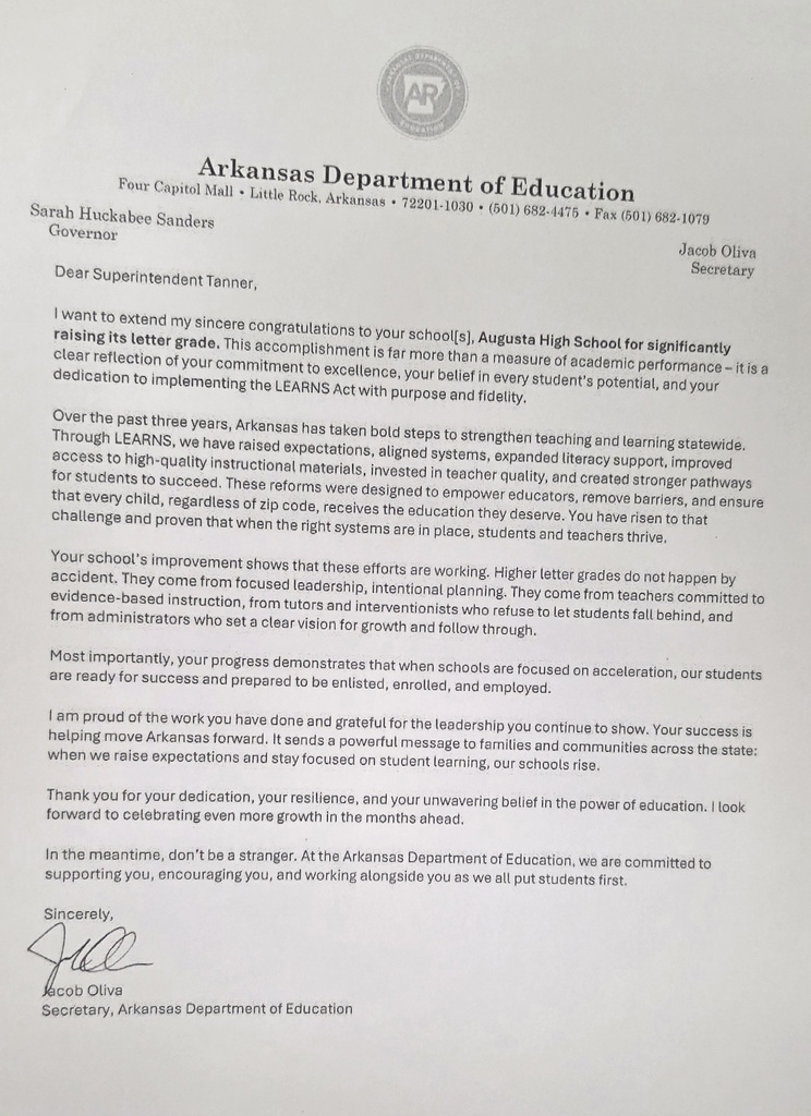 ADE Letter Congratulating us on improving our School Letter Grade