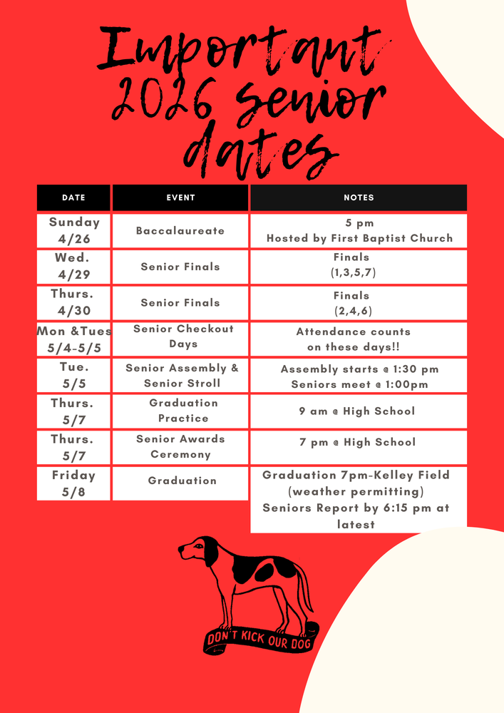 Aurora High School Class of 2026 – Important Senior Dates  Please review the following important dates for graduating seniors:  Sunday, April 26 Baccalaureate at 5:00 p.m. Hosted by First Baptist Church  Wednesday, April 29 Senior Finals (Periods 1, 3, 5, 7)  Thursday, April 30 Senior Finals (Periods 2, 4, 6)  Monday, May 4 and Tuesday, May 5 Senior Checkout Days Attendance counts on both days  Tuesday, May 5 Senior Assembly and Senior Stroll Seniors meet at 1:00 p.m. Assembly begins at 1:30 p.m.  Thursday, May 7 Graduation Practice at 9:00 a.m. (High School)  Thursday, May 7 Senior Awards Ceremony at 7:00 p.m. (High School)  Friday, May 8 Graduation at 7:00 p.m. at Kelley Field (weather permitting) Seniors should report by 6:15 p.m. at the latest  Please refer to the graphic for a visual overview of these events.