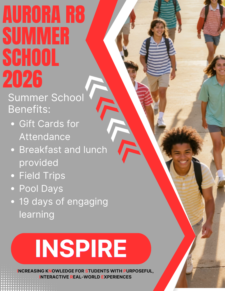 Aurora R8 Summer School: Your Summer Learning Adventure Starts Here  We’re excited to bring back our engaging, hands-on approach to summer learning that goes beyond the classroom and into the real world. This program is designed to make learning fun, meaningful, and memorable for every student.  • Hands-on, real-life learning experiences • Integrated ELA and Math activities • Games, teamwork, creativity, and outdoor fun • Field trips that connect classroom concepts to the world around us  We are asking all families to complete the summer school form, whether or not your child plans to attend.   🔗 Please complete your form here. If you have already submitted a form, you do not need to complete another one. Current PK–7 students: https://forms.gle/CoTVREtXxbbPSPkw8 Current 8–12 students: https://forms.gle/qMgNU8UssbCKqwHy5  If you have any difficulty accessing the form, please contact your child’s school for assistance.  We can’t wait to learn, laugh, and make memories together this summer!