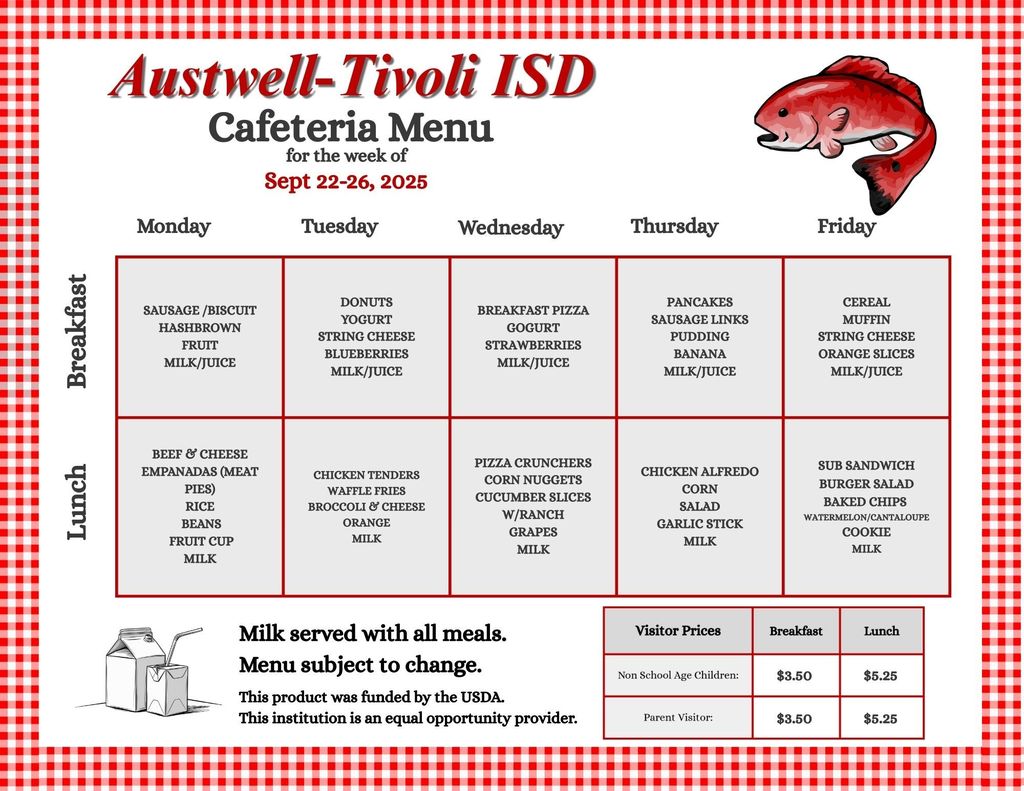 September 22-26th Cafeteria Menu