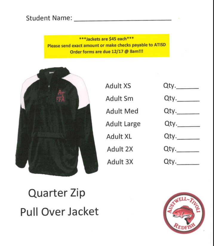The AT FFA will be selling quarter zip pullover hoodies for $45 until 12/17. Get with a FFA member or Mr. Speis to order yours! Sizes range from Adult xs to 3x.