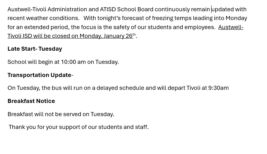 School Operations Update