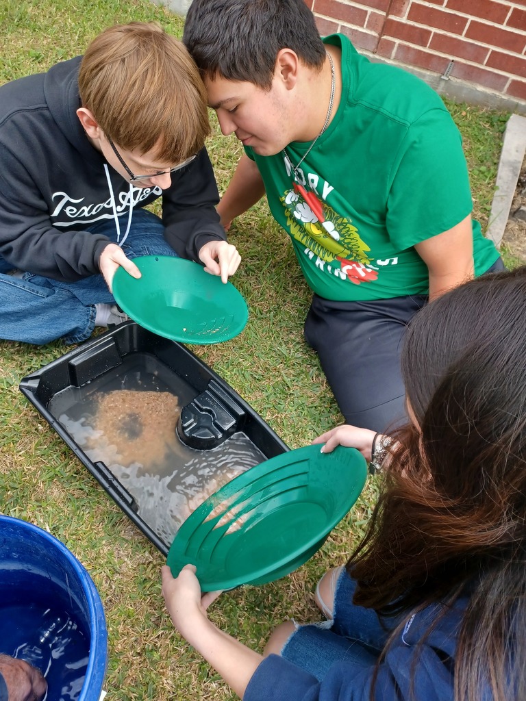 Students look closely at a pan to find flakes of gold.