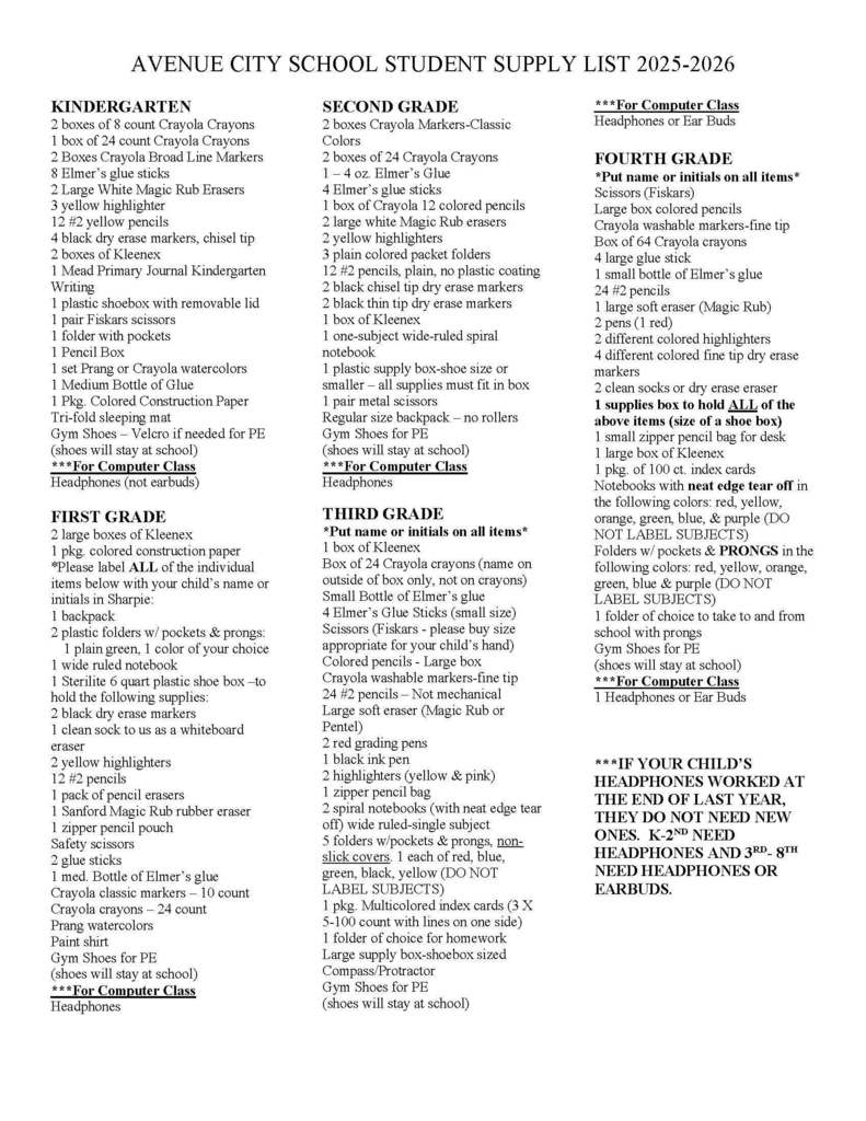 Page 1 of  supply list