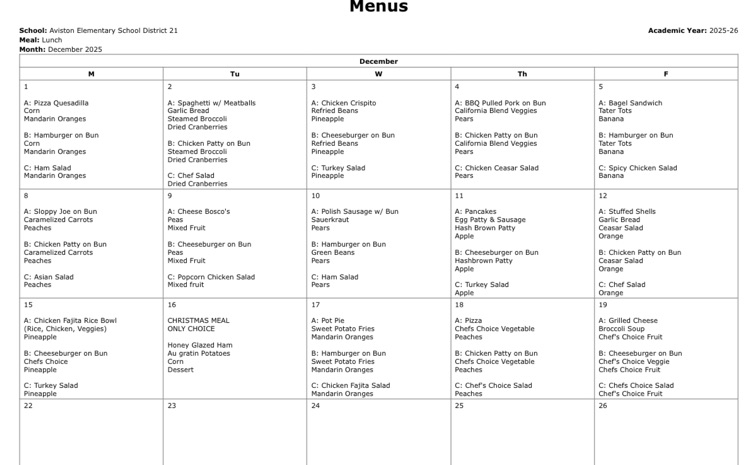 December menu