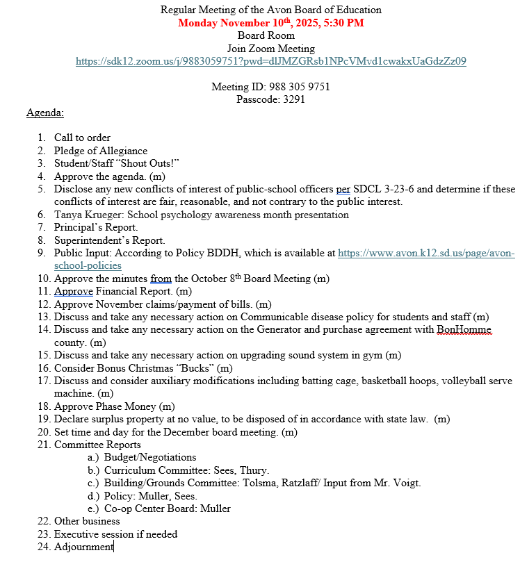 November 2025 Agenda