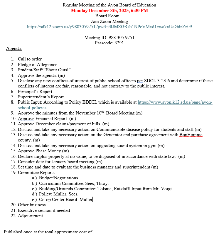 December 8th, 2025 Agenda