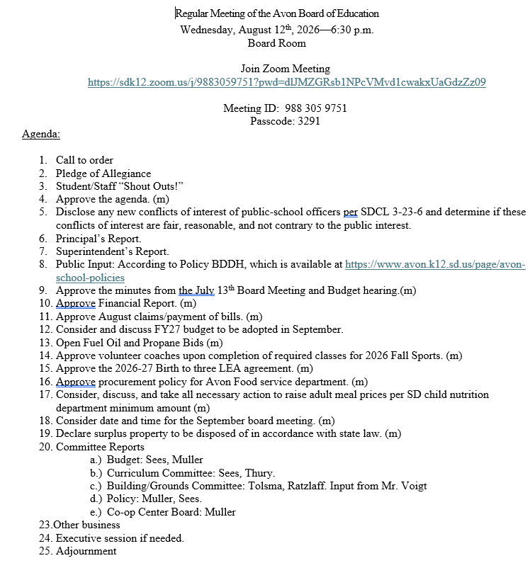August 2026 Agenda