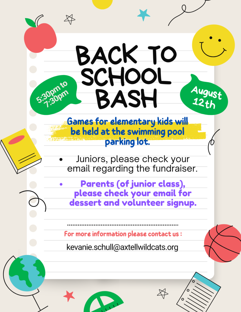 Back to School Bash is right around the corner. Please come support the junior class fundraiser. They will be doing carnival games for elementary kids and a walking taco meal. See you there!