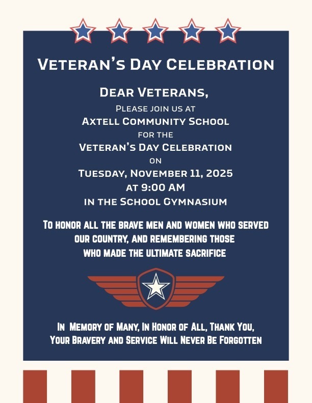 Veteran's Day Celebration Invitation for November 11, at 9 am at the school