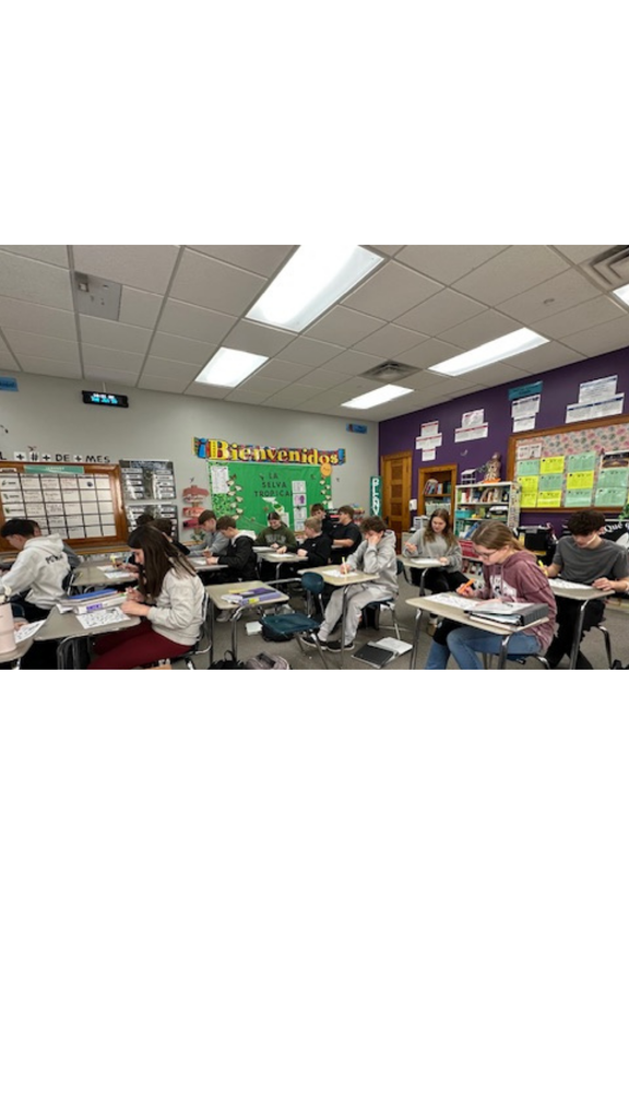 Quiz Review in Process:  Spanish I students compete with their partner to first locate a word relating to family members.  