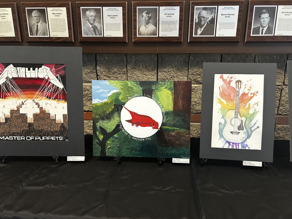 Acrylic painting of a Bird/Frog and watercolor painting of a guitar