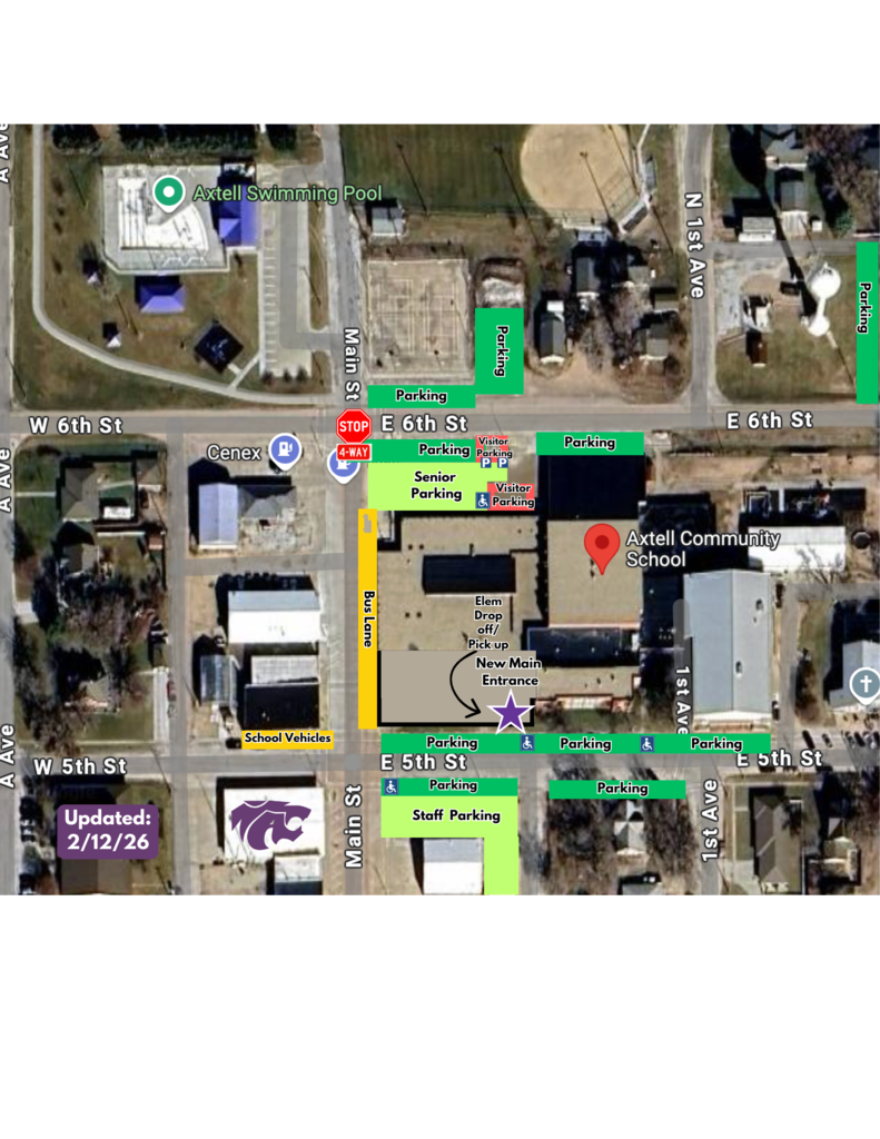 New Axtell Community School map with main entrance on 5th Street.