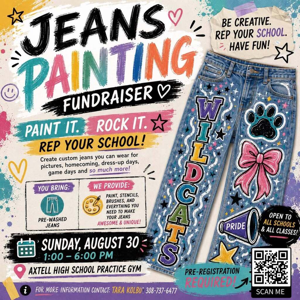Jeans painting fundraiser graphic. Jeans painting will be in the Axtell Practice Gym on 08/30/2026. Preregistration required
