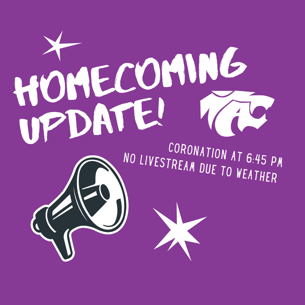 Image showing a bullhorn stating that the Homecoming Coronation will be at 6:45 pm and no live stream due to weather.