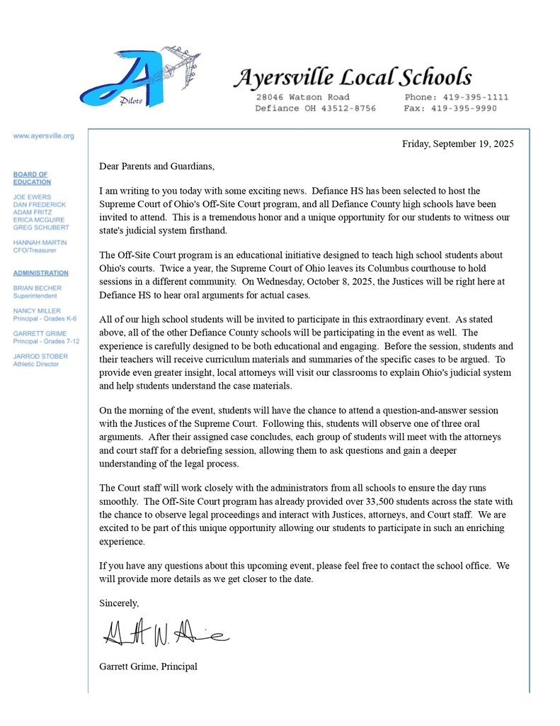 AHS will be traveling to Defiance HS to observe the Ohio Supreme Court