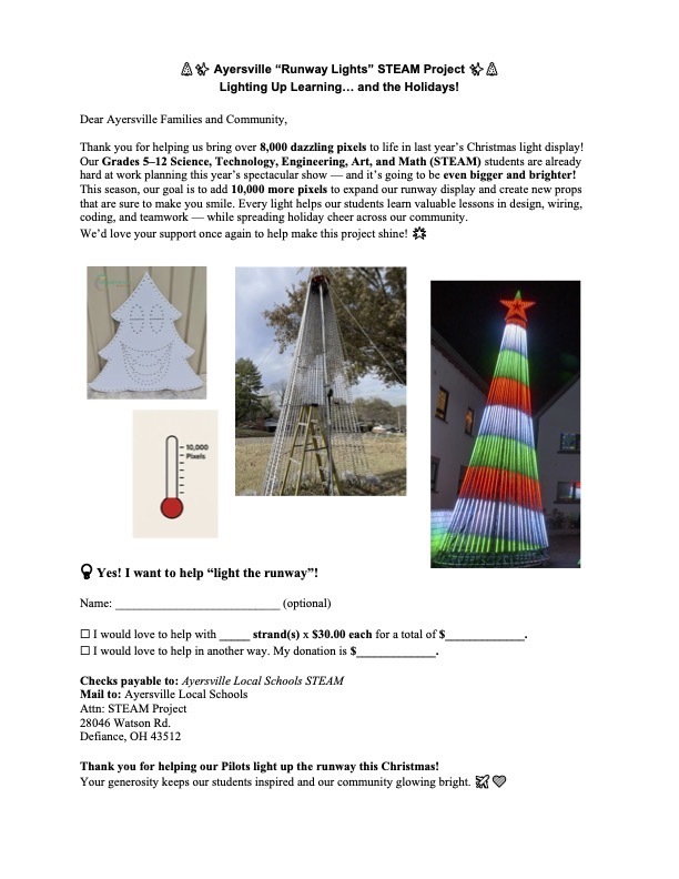 Flyer for Ayersville’s “Runway Lights” STEAM Project inviting donations to expand a student-designed Christmas light display.