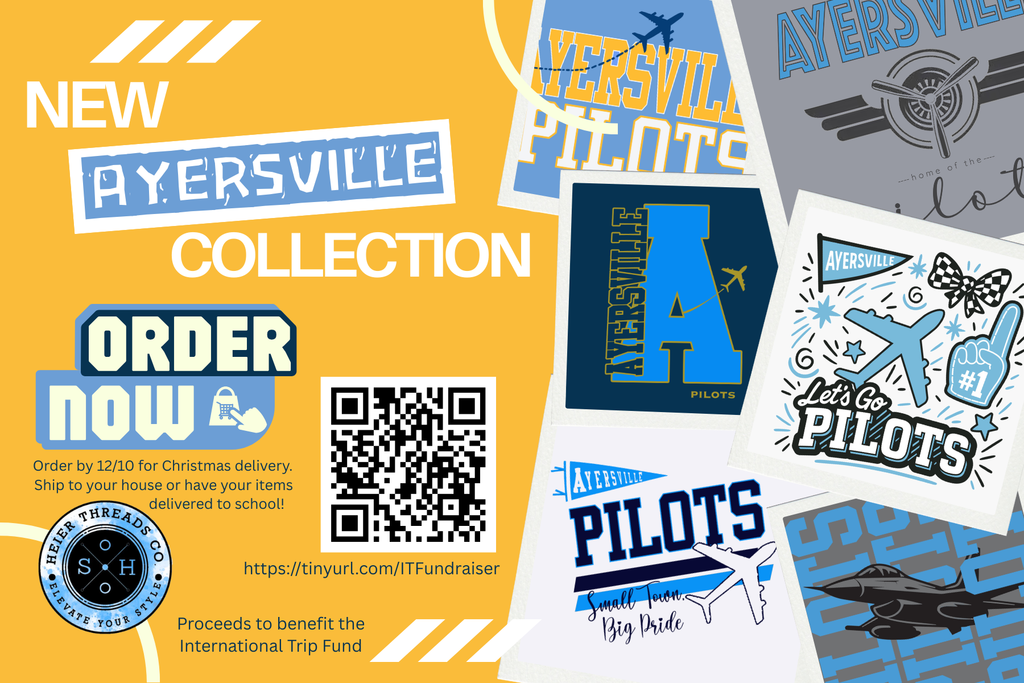 Ayersville designs with the words Ayersville Pilots, a capital A, small town, big pride, Pilots repeated with a plane flying through