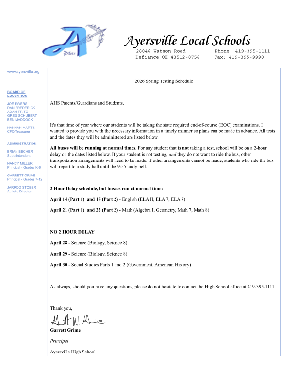 2026 State Testing Letter