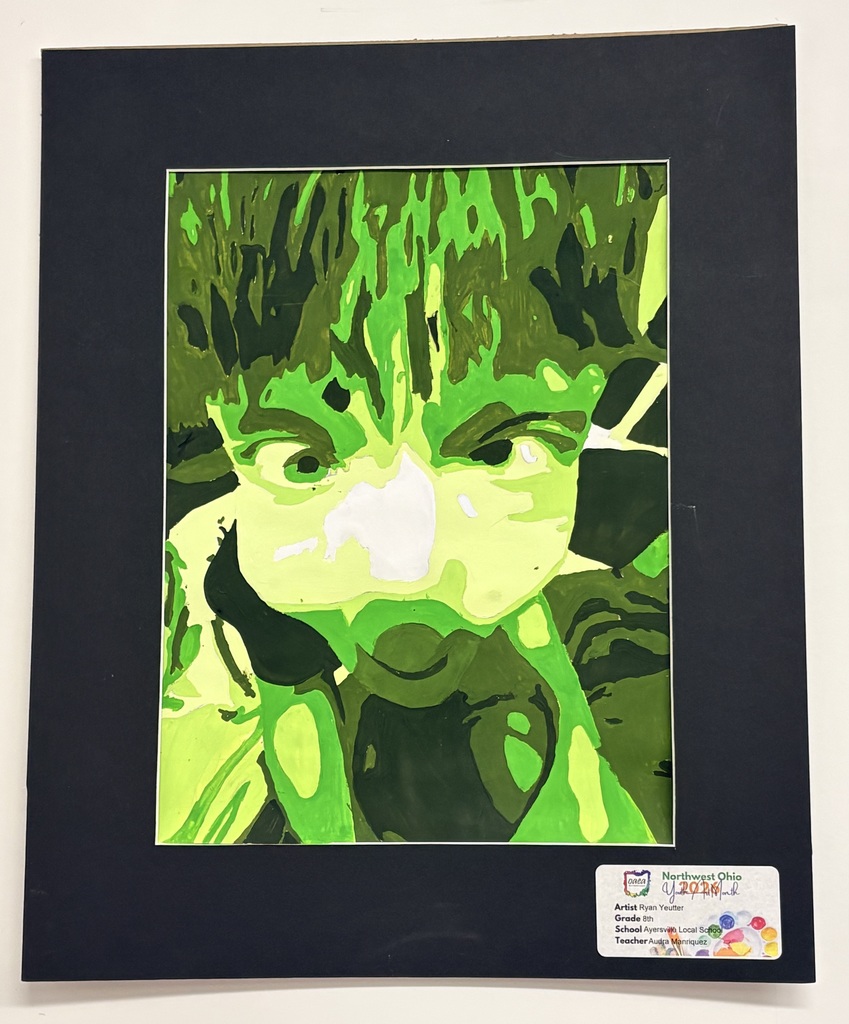 Ryan Yeutter's artwork features a monochromatic portrait. The face is rendered in a high-contrast, posterized style using light green, lime green, and dark forest green tones.