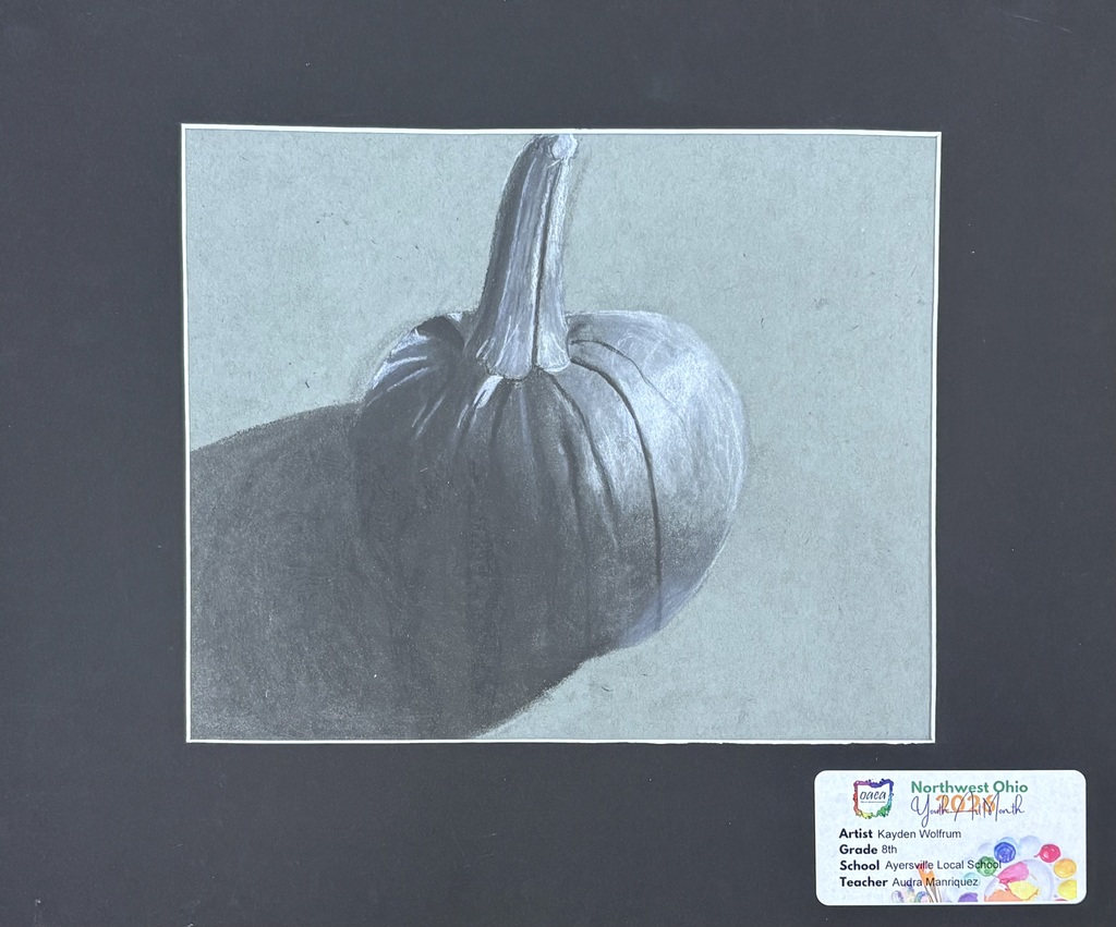Still-life pumpkin charcaol drawing by student artist Kayden Wolfrum, featured in the Northwest Ohio Youth Art Month Show.