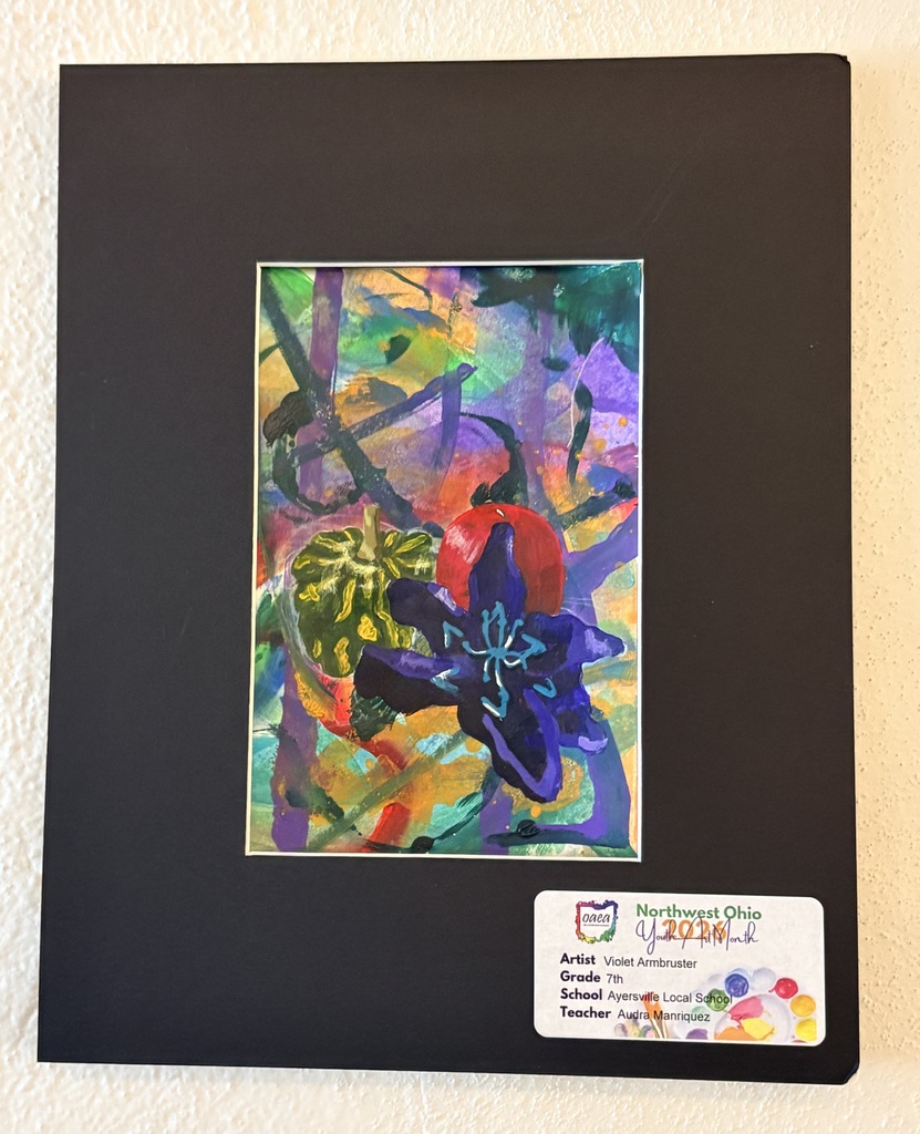 Mixed-media artwork by student artist Violet Armbruster. Her painting features a large, dark blue lily-like flower and green pumpkins or gourds in the foreground, set against an abstract background of purple, yellow, and orange brushstrokes.