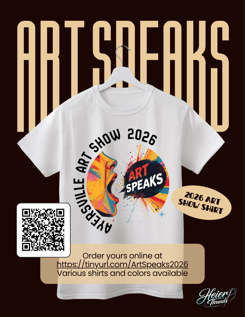 Promotional flyer for the "Art Speaks" 2026 Ayersville Art Show featuring a white t-shirt with a colorful, abstract paint-splash design. The flyer includes a QR code and a link to order various shirt styles and colors online.