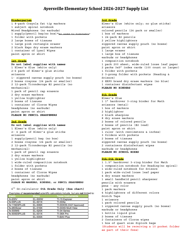 Grades K-6 Supply Lists