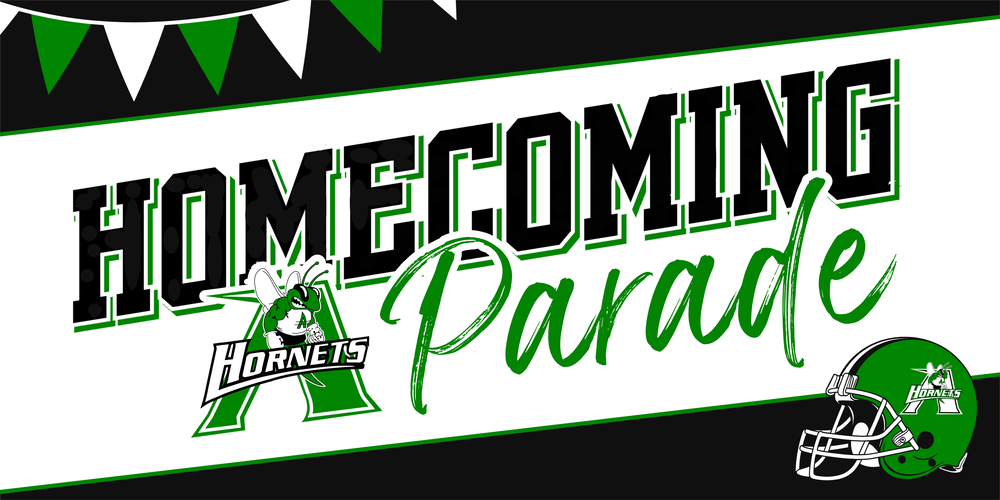 "Homecoming Parade" graphic with azle isd logo and football helmet
