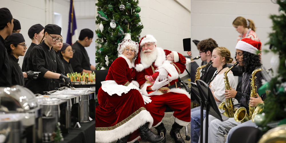 photo collage of culinary students, santa, and band students (decorative)