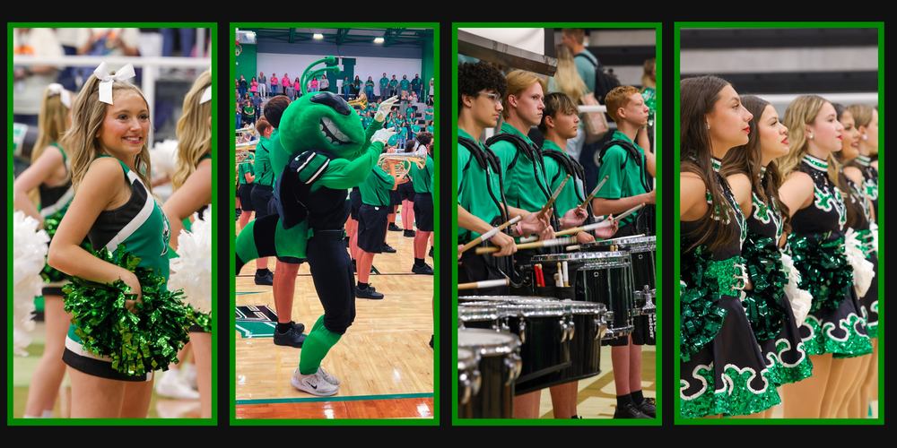 photo collage of cheerleaders, buzzy, drumline, dance team