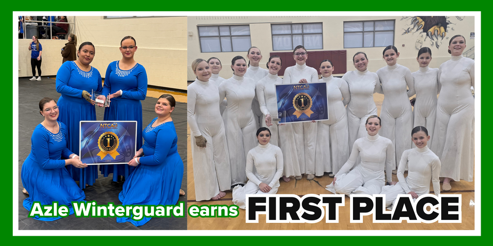 Azle HS Winterguard earns first place, graphic with the Junior Varsity and Varsity colorguard teams holding a first place sign