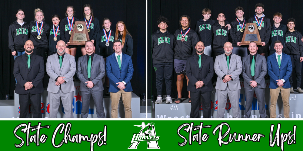 AHS wrestling teams with coaches, wearing medals and holding State Champion trophy
