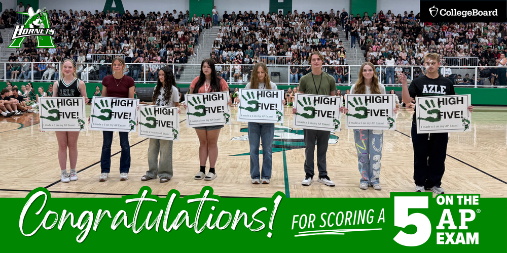 8 Azle High School students standing on gym floor, holding "High Five" signs