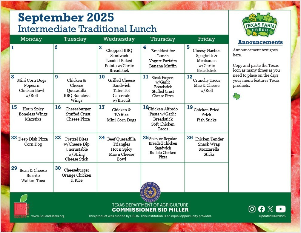 September Lunch Menu