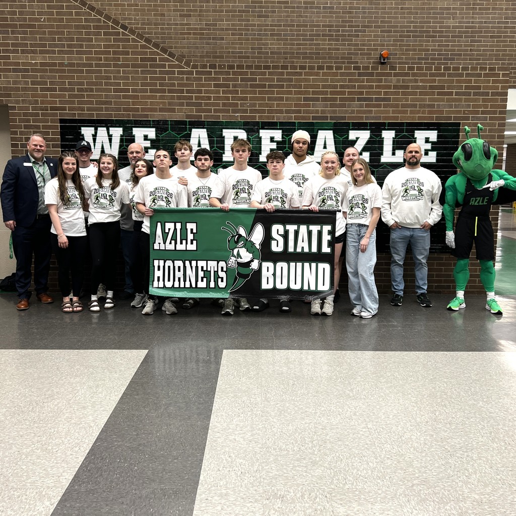 group of students holding "Azle Hornets State Bound" banner with Principal and Buzzy