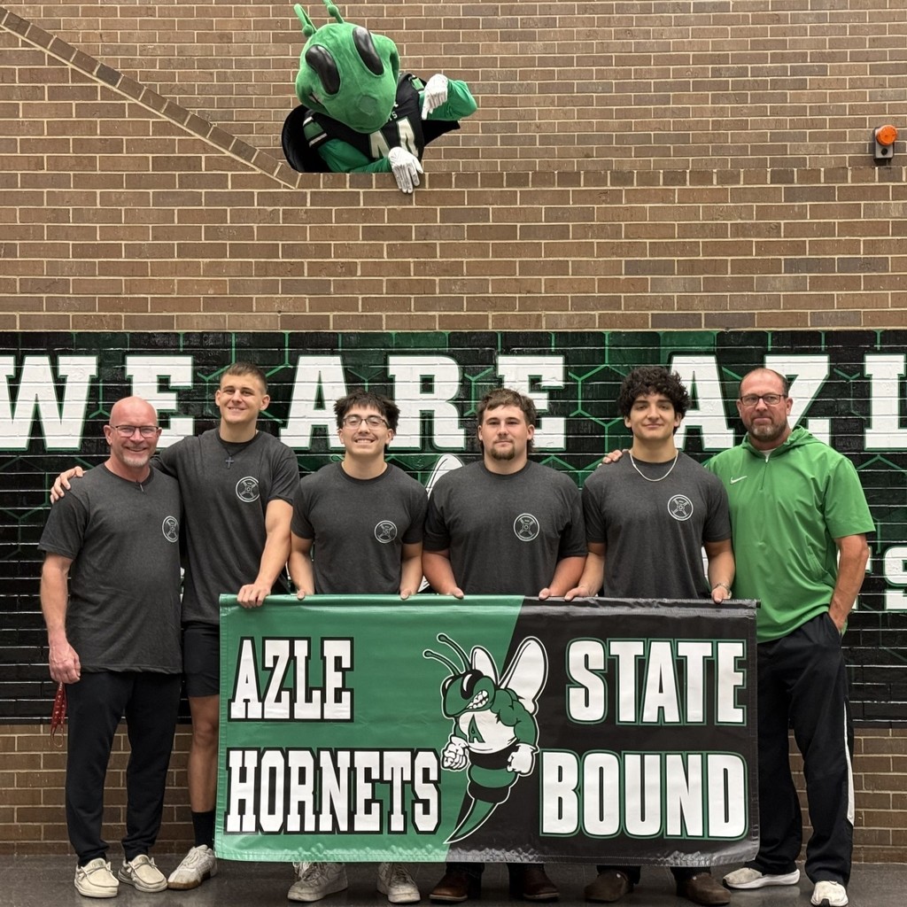 AHS boys powerlifting team holding 'Azle Hornets State Bound' banner with Buzzy
