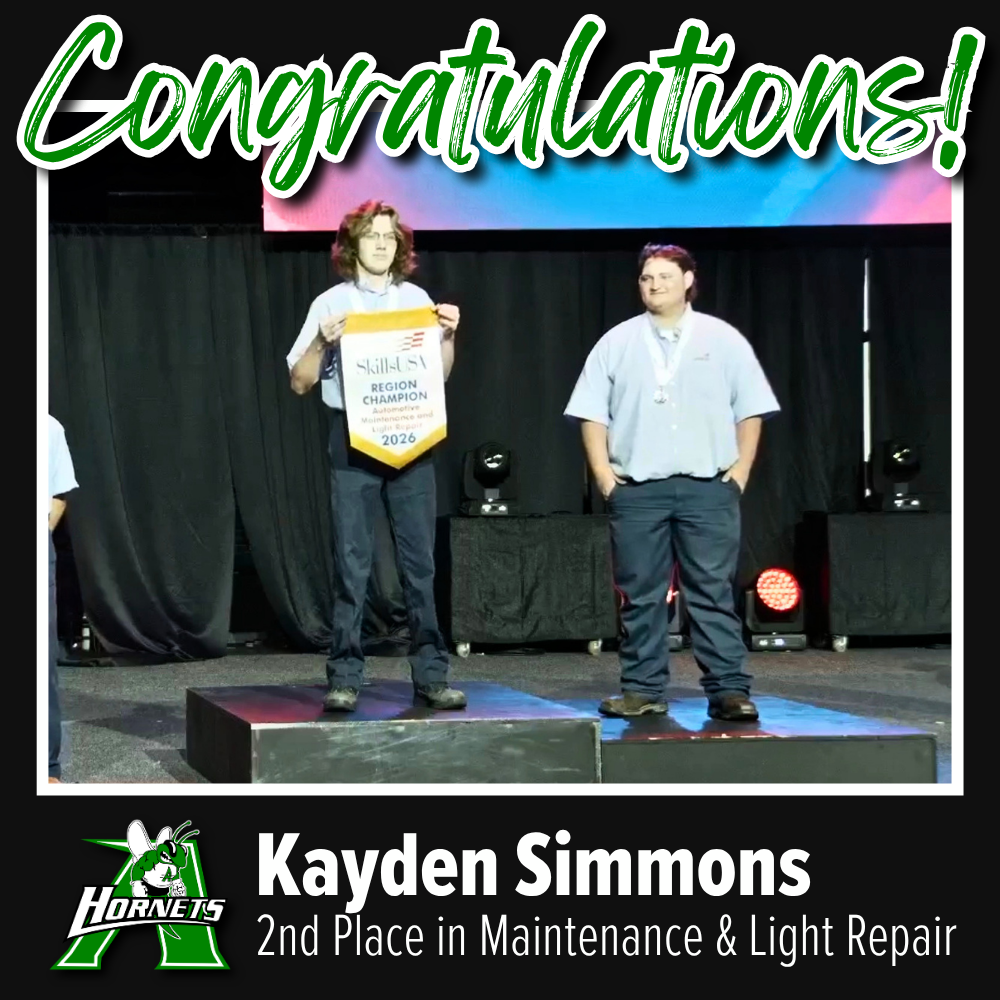 Text that reads: Congratulations! Kayden Simmons, 2nd Place in Maintenance & Light Repair. Photo of the first and second place winners.