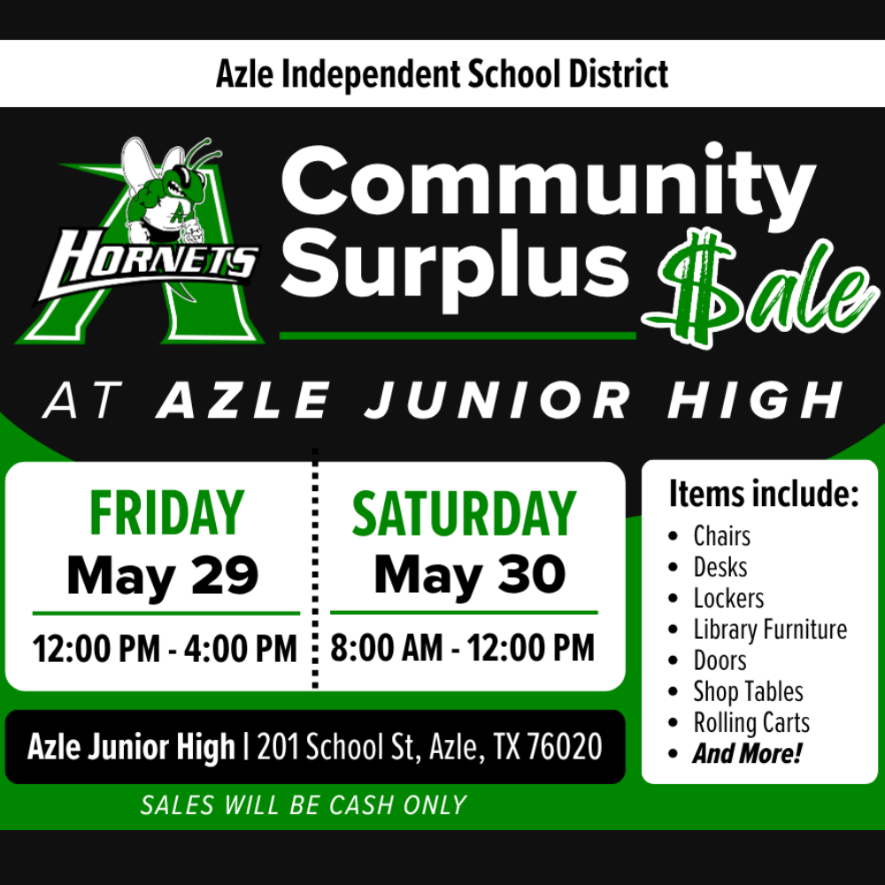 Azle ISD Community Surplus Sale at AJH May 29-30, 2026 