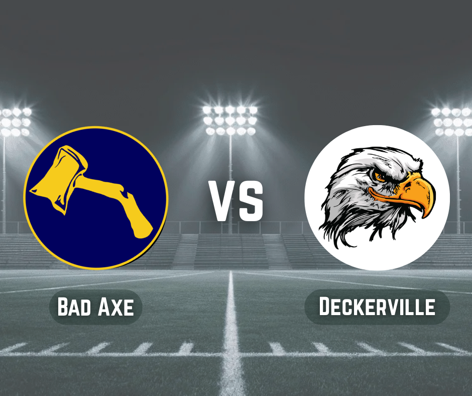 Bad Axe Hatchets logo versus Deckerville logo with football field in the background. 
