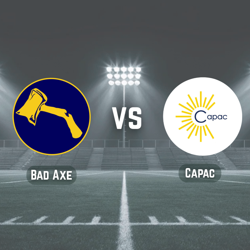 Bad Axe Hatchets logo versus Capac logo with football field in the background.
