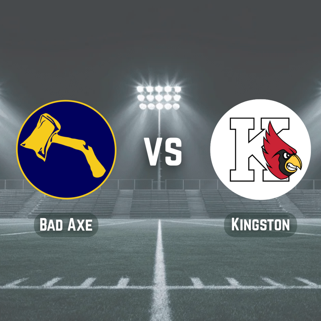 Bad Axe Hatchets logo versus Kingston logo with football field in the background.