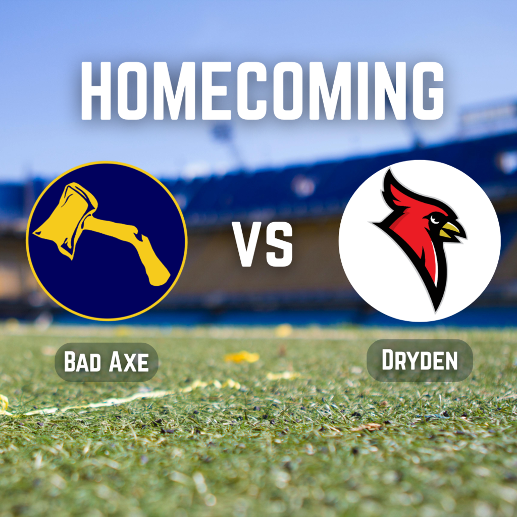 Bad Axe Hatchets logo versus Dryden logo with football field in the background.