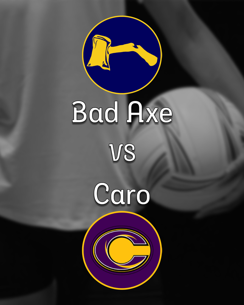 Bad Axe Hatchets Logo versus Caro Logo with volleyball in background