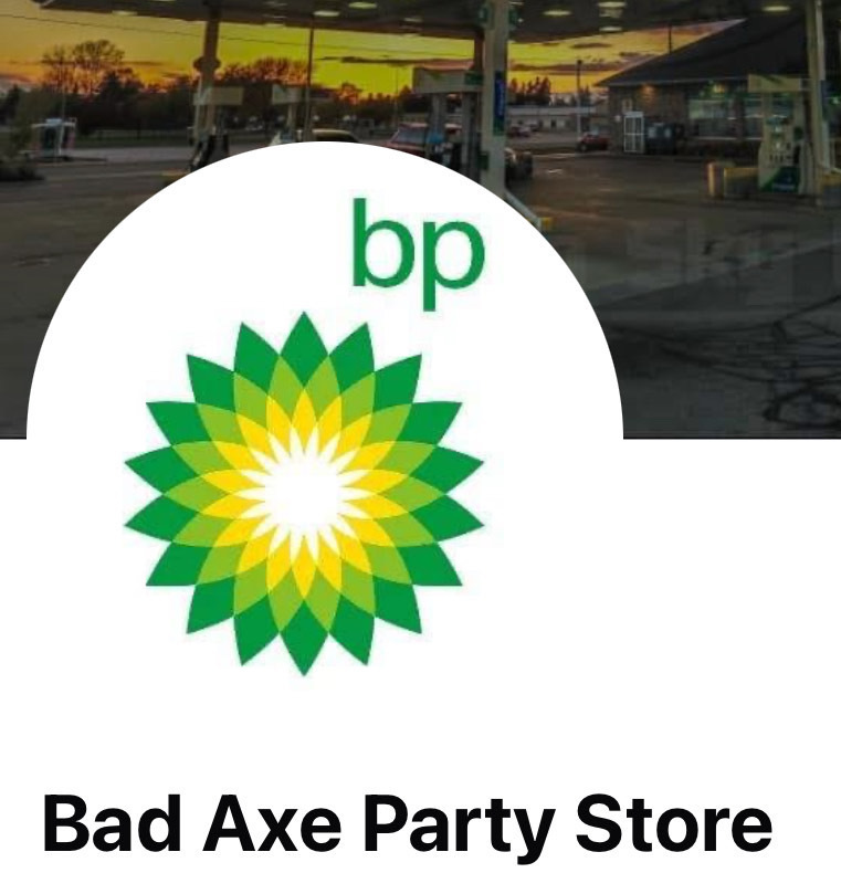 B.P. logo that says, "Bad Axe Party Store"; gas station in the background. 