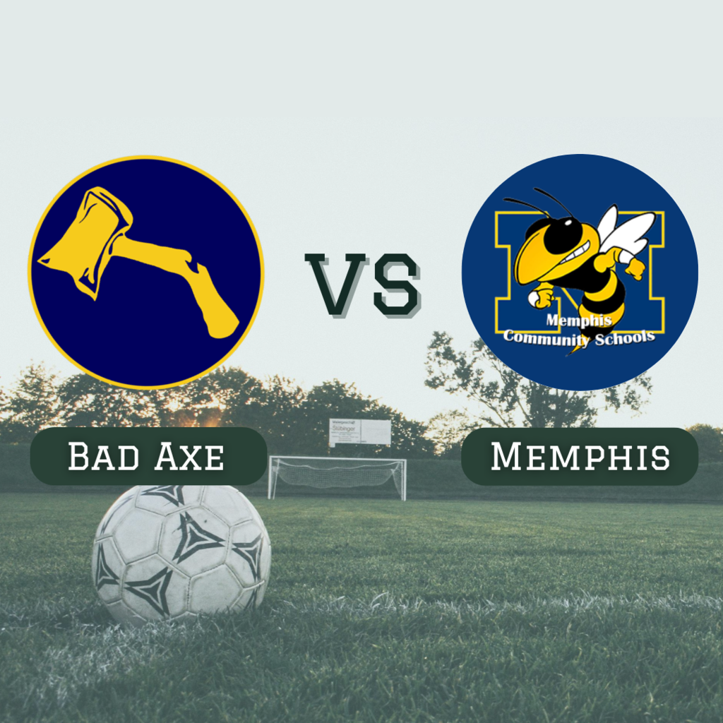 Bad Axe Hatchets logo versus Memphis logo with soccer field in the background.